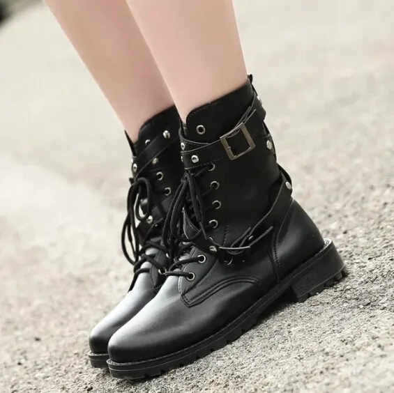 Black Lace Belt Buckle Martin Short Girls Combat Boots For Women