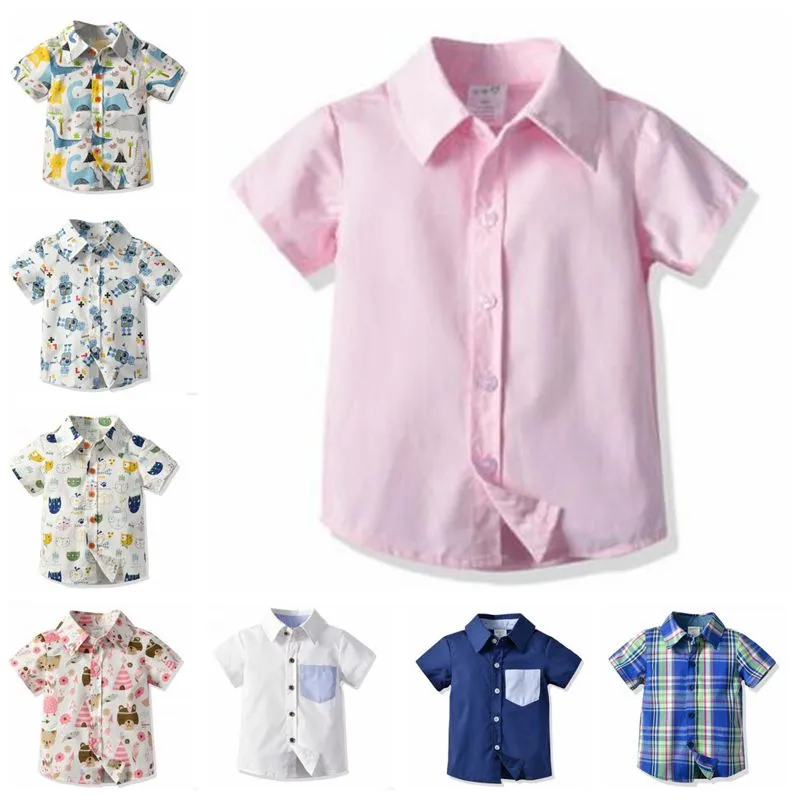 Barn pojkar kläder baby plaid shirts solid tryckt t-shirt lapel sommar kortärmad toppar avslappnad bomull tees mode mild blus tankar 5590