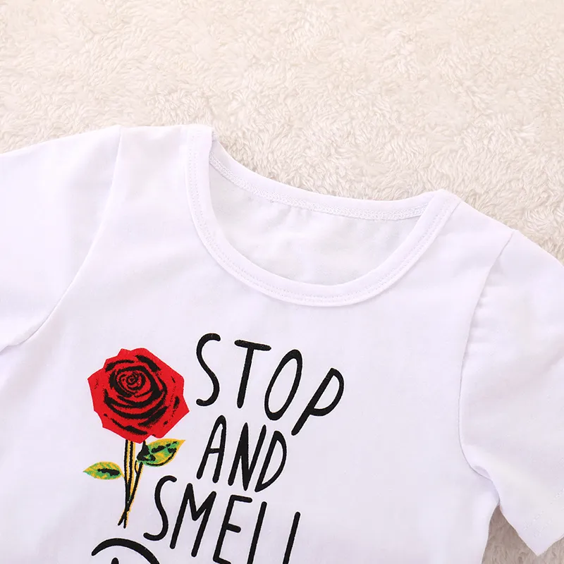 Rose Tryckt babyflickakläder sätter bomulls kort ärm t -shirt med rippad jean tvådel kjol set casual sommarkläder 1905234703418