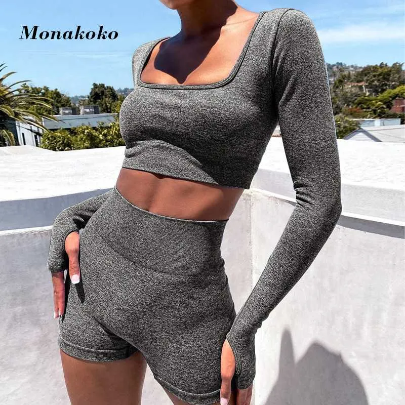 Fashion Summer Yoga Set Women Two 2 Piece Gray Long Sleeve Crop Top T-Shirt Shorts Sexy Sportsuit Workout Outfit Gym Sport Set