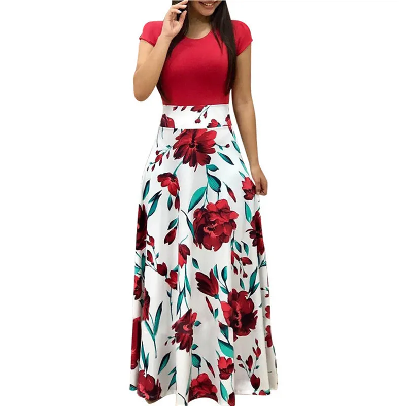 Цветочные печать Лоскутное длинное платье Женщины повседневная платье для вечеринок с коротким рукавом Элегантные O шеи Дамы Maxi Sundress