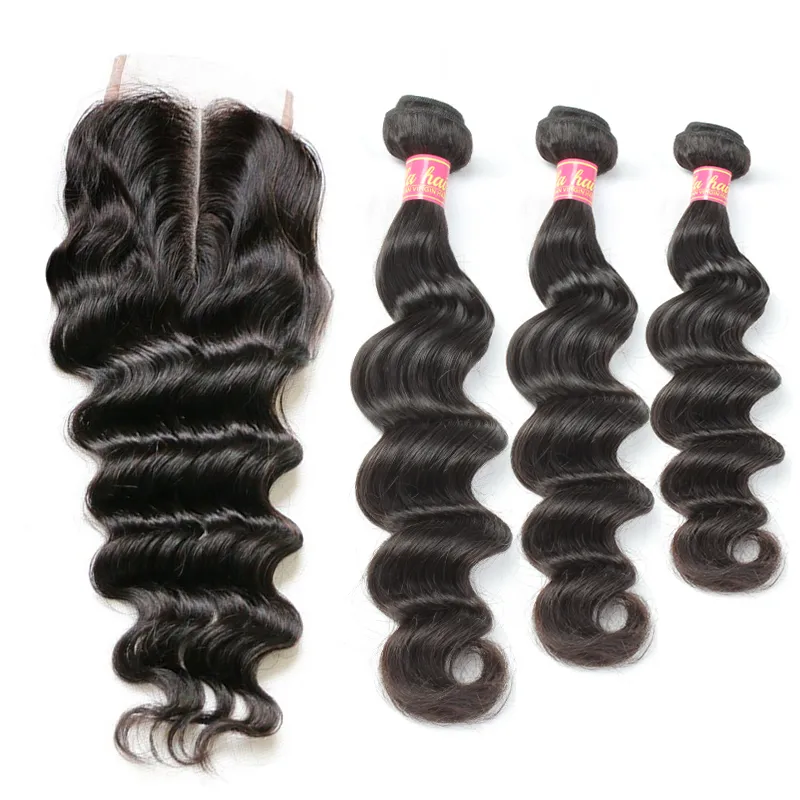 Bella Virgin Brazilian Hair Bundles with Closure Loose Deep Wave Wavy Extensions Dyeable Black Weft Middle Part