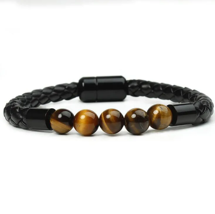 8 mm mattes Onyx-/Tigerauge-Howlith-Türkis-Stein-Perlen-Armband aus echtem Leder, Seil, Armbänder für Männer und Frauen