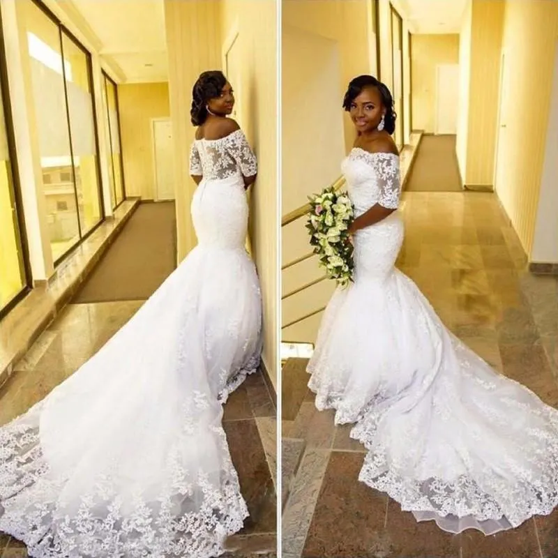 Gorgeous Off the Shoulder Mermaid Wedding Dresses Lace Appliques See Through Back Arabic African Bridal Gowns Short Sleeve