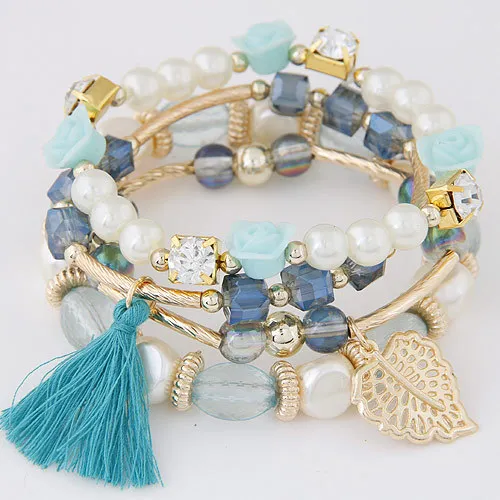 S180 Fashion Jewelry Women's Hand-made Multi-layer Bracelets Flowers Crystal Beads Pearls Charms Tassels Bracelet