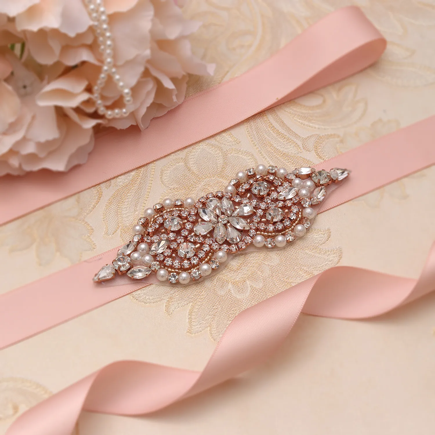 Cintura Di Abito Da Sposa, Fascia Da Sposa In Oro Rosa Con Strass
