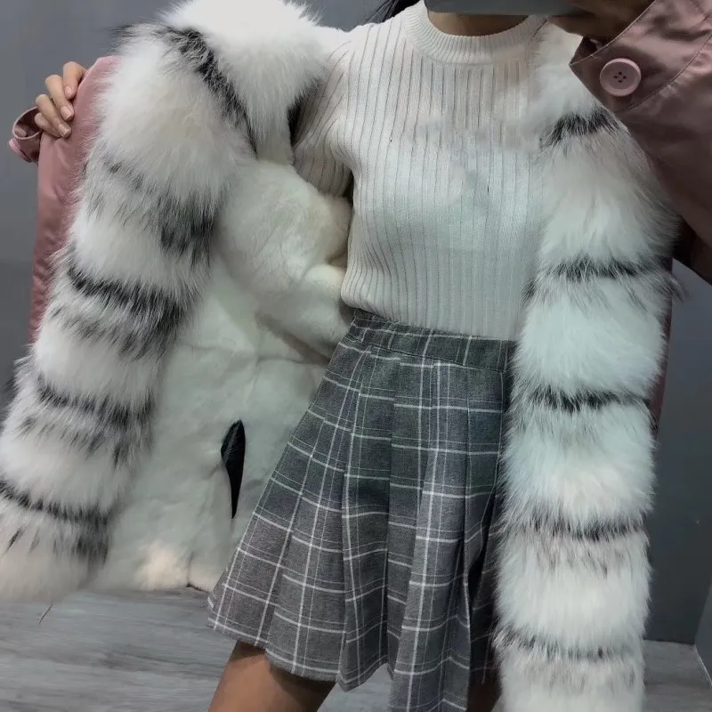 New Arrival Snow Kurtki Białe Szary Futro Futro Plątko Pani Furs White Rabbit Fur Lining Pink Canvas Długie Kobiety Parki