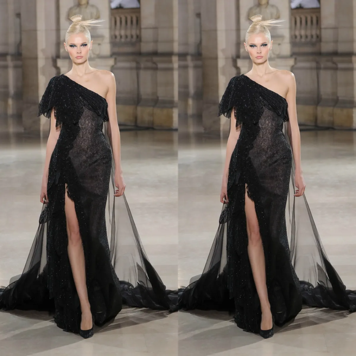 Elegantes Vestidos De Noche Negros De Talla Grande, Vestidos De Fiesta  Brillantes: Vestido De Sirena De Encaje De Una Sola Hombro Con  Sobrecubierta De Tul De Tul Lateral Vestido De Fiesta Formal, image size:1200x1200