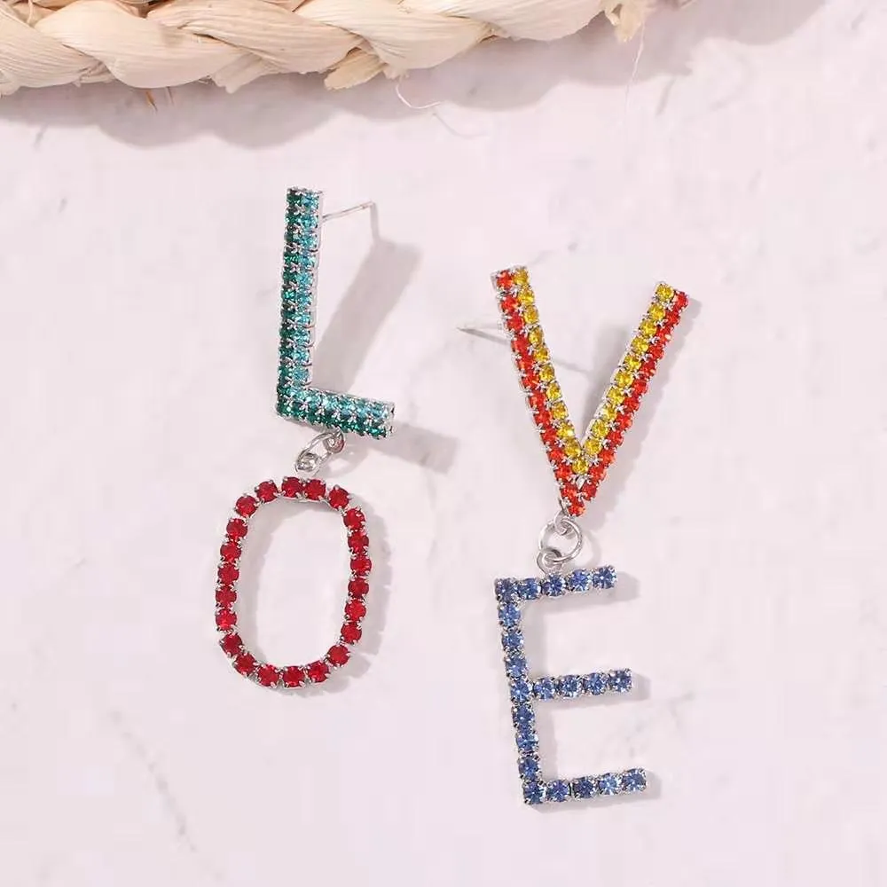 Fashion-colorful LOVE dangle earrings for women luxury designer bling diamond letters pendant earrings statement lovers gf birthday gift