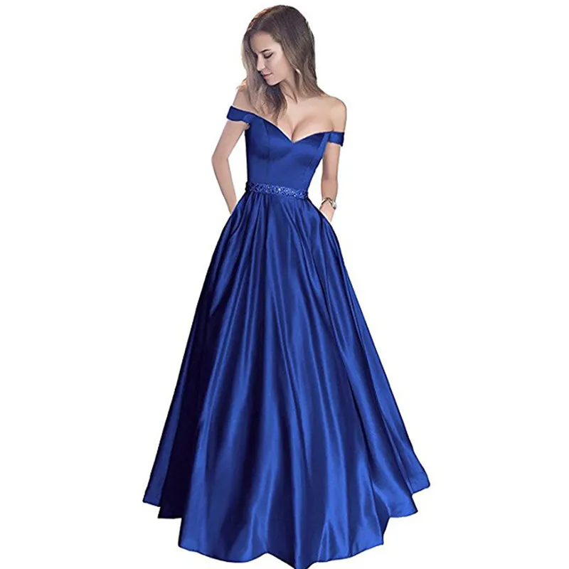 Perlen schulterfrei Prom Lange Abendkleider mit Taschen formale Abendkleider Elegant Party Kleid Avondjurk Erröten Rosa Royal Blue Lila