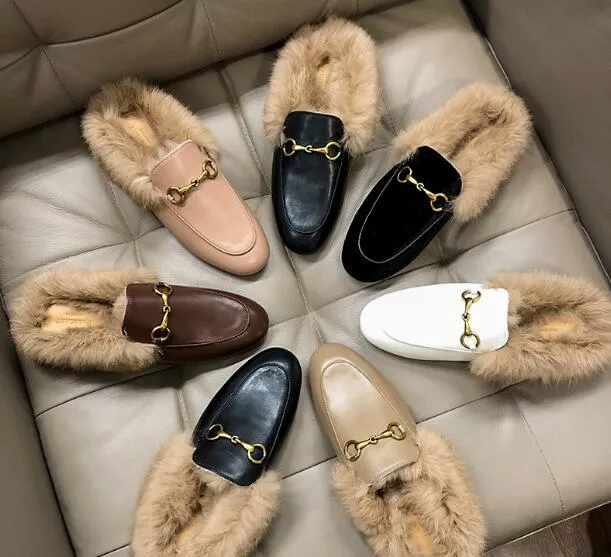 Äkta läder lata varumärkesdesigner mode loafers kvinnor mulor skor kanin päls tofflor riktiga bilder