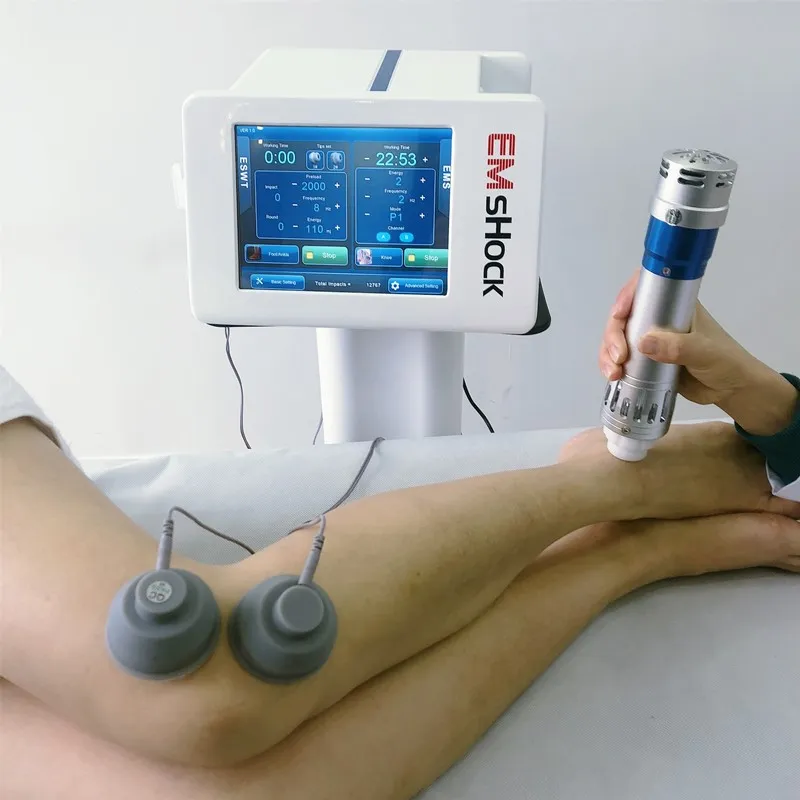 2 in1 muscular eléctrica máquina de terapia por ondas de choque Estimulação emshock EMS com 4 ventosas e 5 cabeças de choque