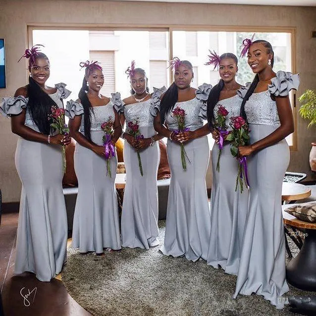 2020 nuevos vestidos de dama de honor de sirena de satén gris de talla grande para niña negra africana vestido de noche Formal con cuentas bata de noche Abendkleider