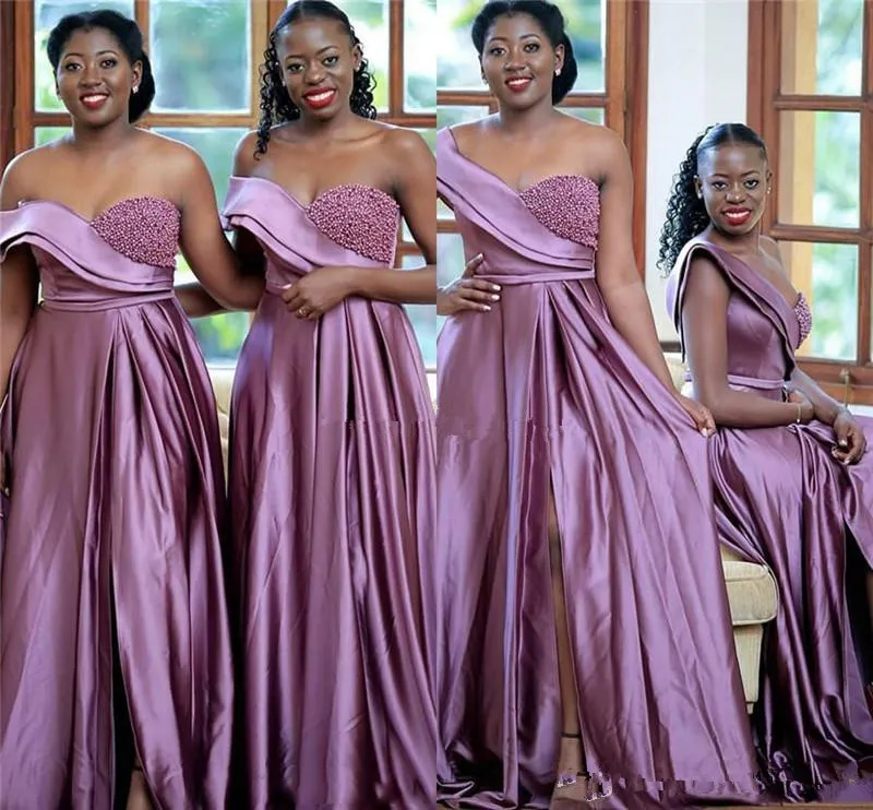 2020 vestidos de dama de honor africanos largos con abertura lateral un hombro con cuentas con cordones en la espalda una línea de vestidos de invitados de boda de campo