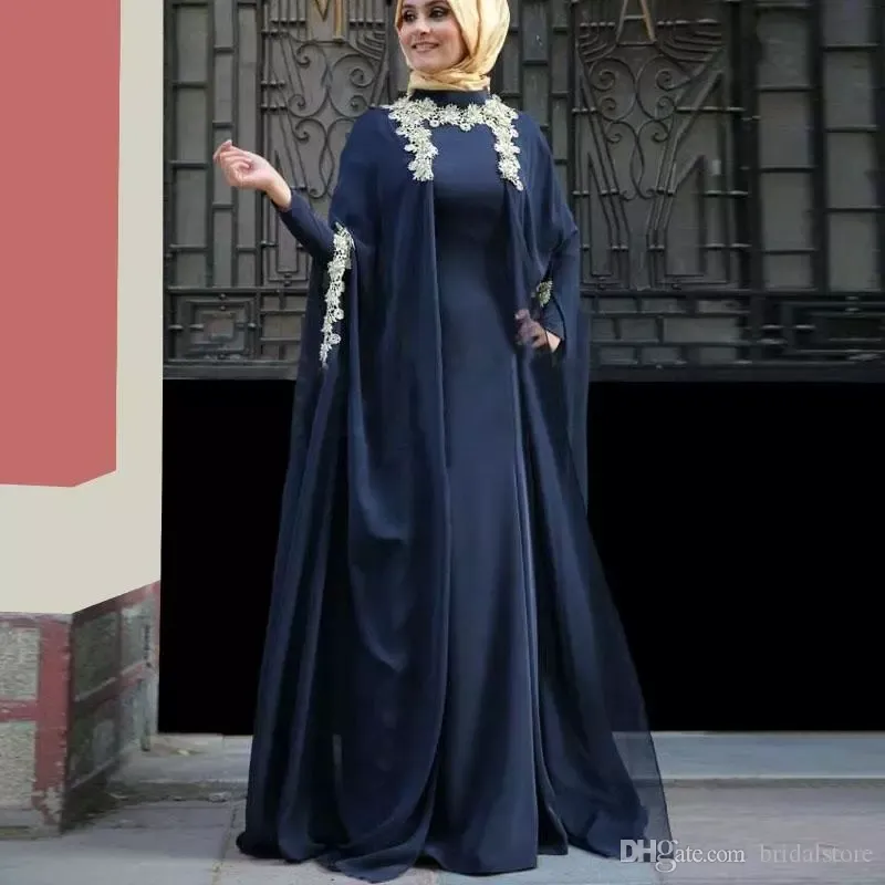 Kaftan Abaya Muslim Evening Dresses High Neck Long Sleeve Middle East Dark Navy Dubai Arabic Prom Dress Islamic Formal Party Gowns
