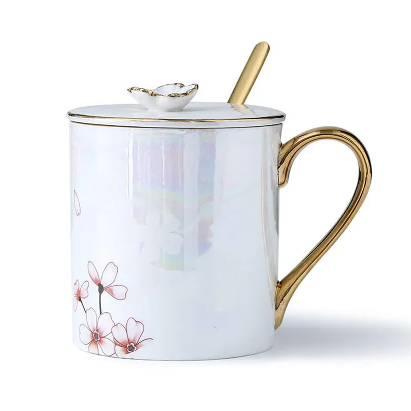 14.5 Oz Cherry Blossom Porslin Kaffe Kopp Pearl Glaze Keramik Mjölk Kopp med lock Sked Ins Style Presenter för vänner