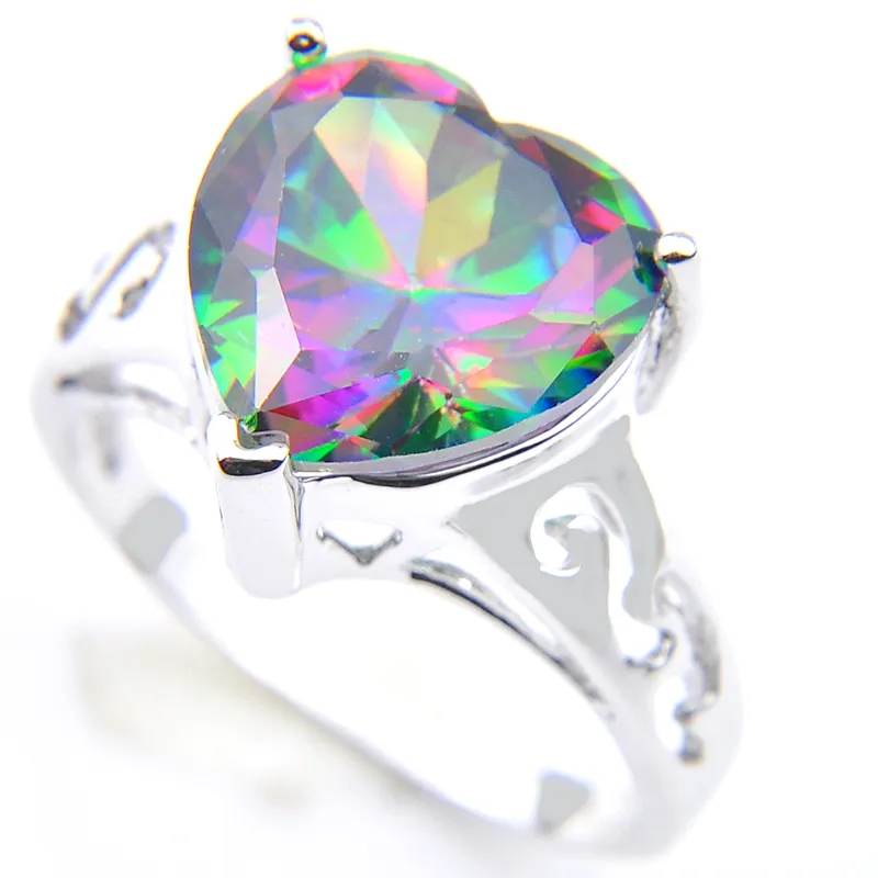 Luckyshine vrouwen trouwringen liefde hart vuur multi-color regenboog natuurlijke mystieke topaas zilveren kubieke zirkonia ringen sieraden