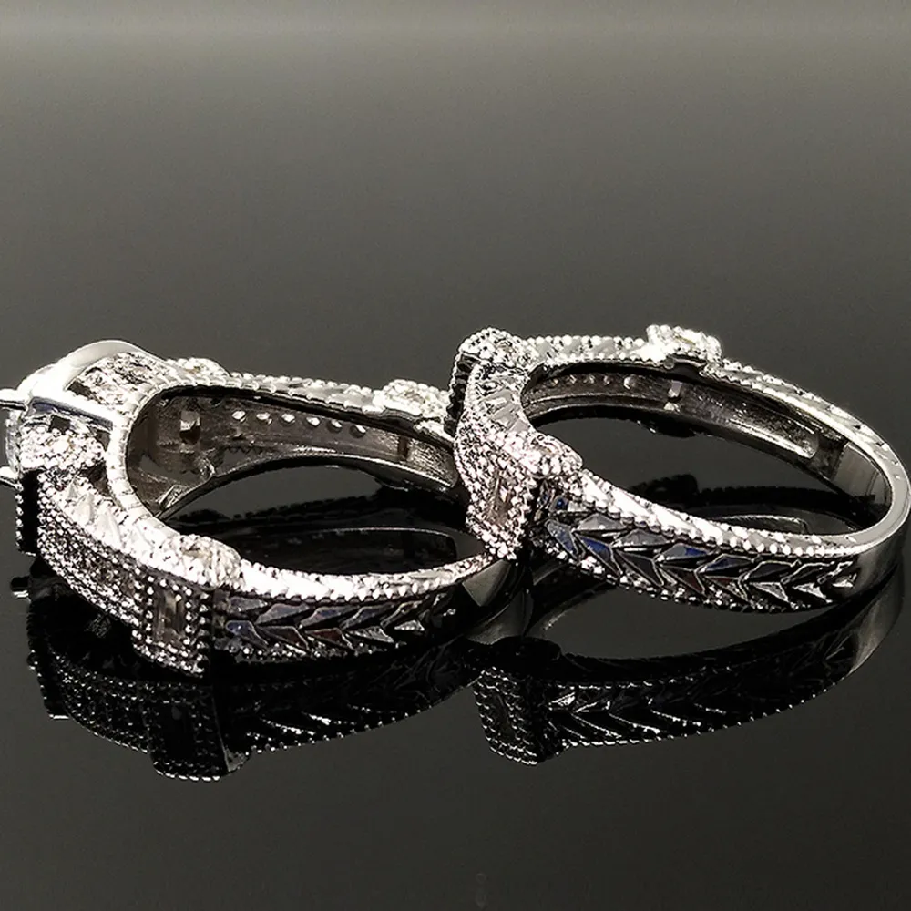 Ensemble de 2 bagues à 4 griffes en or blanc 18 carats rempli de bagues de couple pour femmes et hommes, bijoux de mariage, accessoires de mariée, taille 6 7 8 9234Z