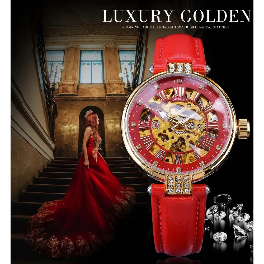 CWP 2021 Forsining Montres Mode Golden Skeleton Diamond Design Rouge Bande de cuir véritable Lumineux Lady Mécanique Top Marque de luxe