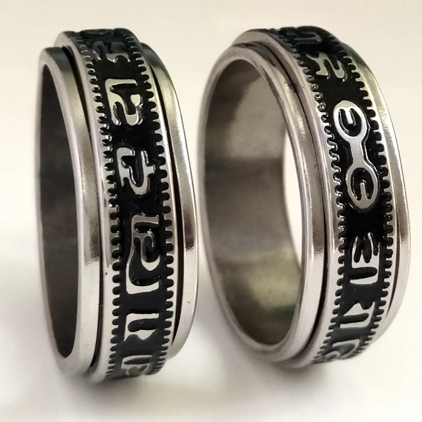 20st Retro snidade buddhistiska skrifter The Six Words Mantra Spin rostfritt stål spinner ring män kvinnor unika lyckliga smycken b221w