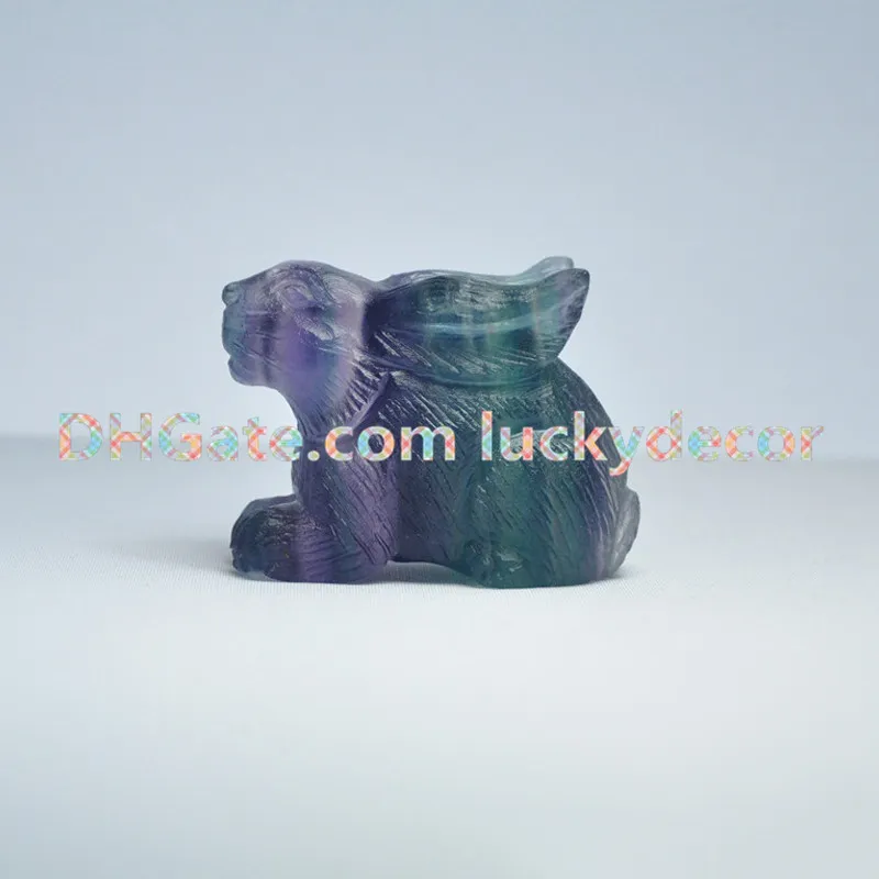 5 stks 2 "Natuurlijke Crystal Rainbow Fluorite Precious Gemstone Carving Standbeelden van Bunny Rabbit Dieren Healing Guardian Figurine Crafts Reiki