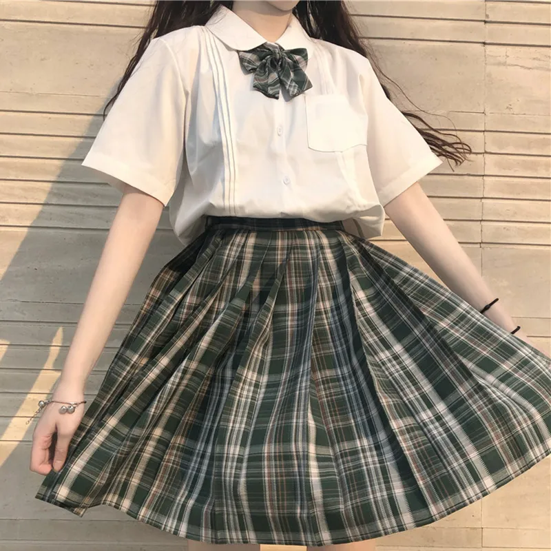 Sommar Japanese College Wind Bow Short Sleeve Shirt Blus + Plaid Pleated Kjol JK Uniforms Suit Kvinna Skola Tjej Kjol