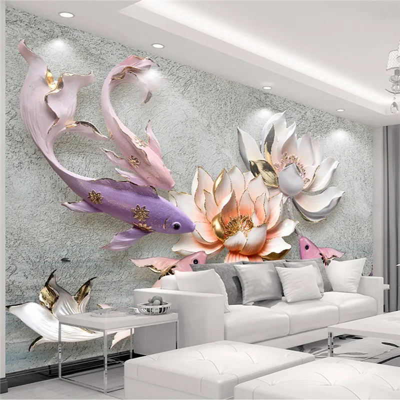 Fond d'écran 3D Stereo Photo Relief Lotus Poisson Peinture murale Salon Etude de haute qualité Intérieur Décoration d'intérieur mur Papiers Papel De Parede