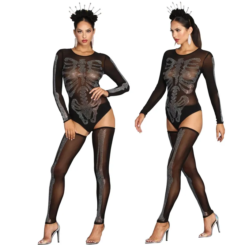 Hot Sexy Women Black Bodysuit Stockings Set See Through Mesh Leotard  Rhinestone Skeleton Nightclub Dance Wear Halloween Costume