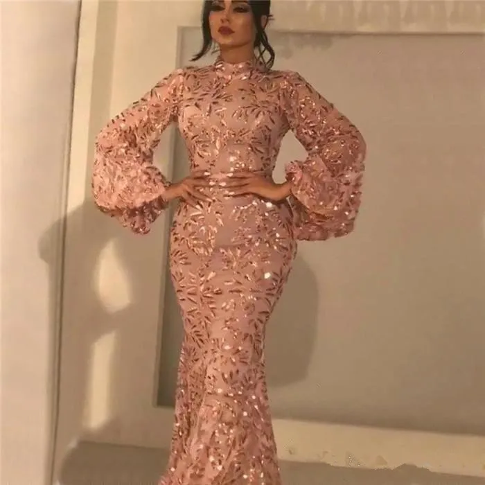 2019アラビアのハイネックレースの人魚のイブニングドレス長袖Ruched形式の床の長さのウエディングドレスパーティーガウンBC0673