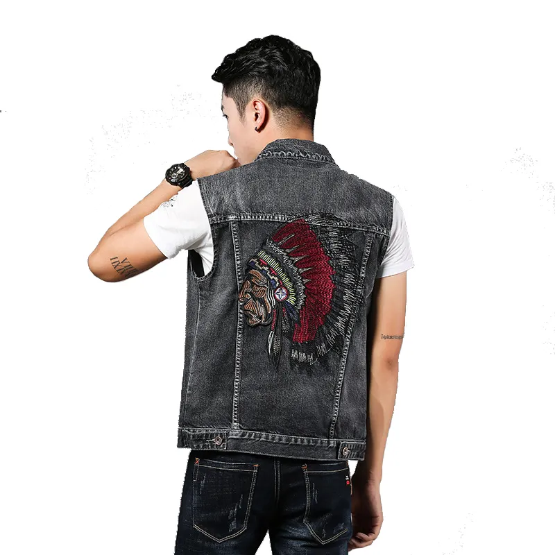 2020 Retro Casual Washed Embroidery Indians Vest Waistcoat Men Vintage Denim Vests Men's Sleeveless Cowboy Jackets Large Size