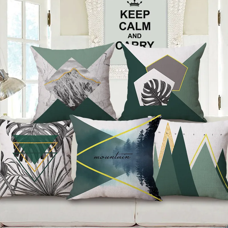 Nyårsdekorationer Teal Color Cushing Cover Nordic Mountain Leaf Cojines Decorativos Geometrisk Chaise Spanna Pillow Case