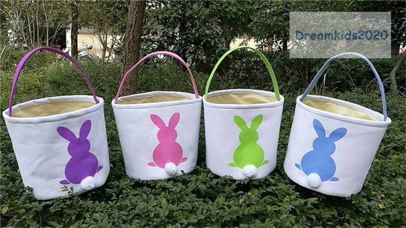 Easter eggs basket,Cute Easter Rabbit Basket Round Canvas Gift bag cartoon cute Bunny tails bucket Put Easter rabbit DIY pail buckets