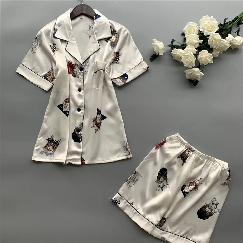 Pajamas women's summer silk short-sleeved two-piece suit thin section Korean version of loose sexy home service summer ice silk pajamas