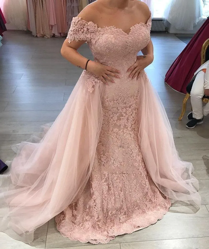 Modern Elegant Long Evening Dresses Lace Tulle Formal Party Dresses Off Shoulder Mermaid Prom Party Gowns Gala Jurken HY4183