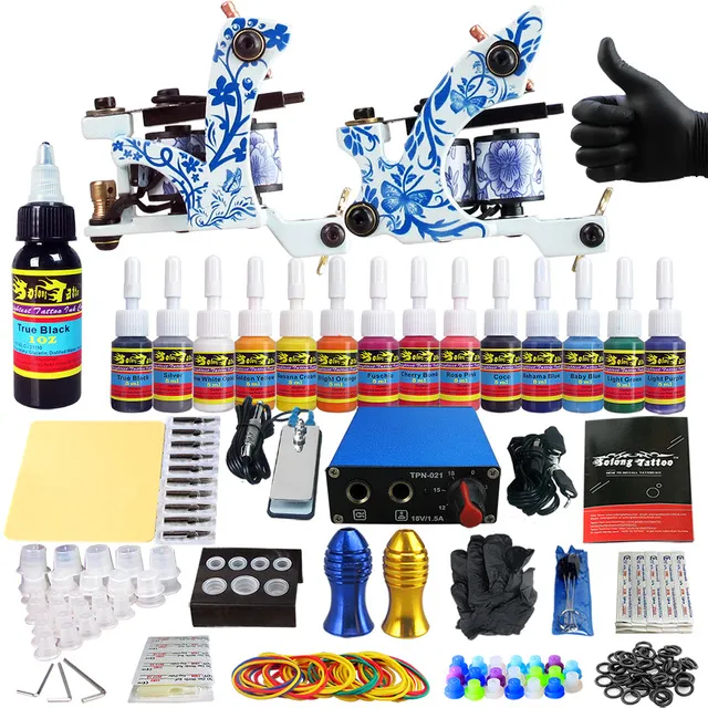 Tattoo Komplett tatueringssatser 2st Machine Gun Nybörjare Tattoo Set 14PCS Bläck Nål Grips Foot Petal Strömförsörjning