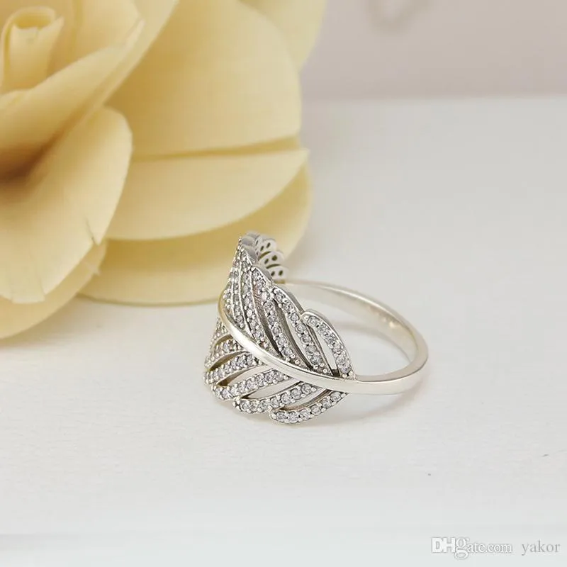 NUOVO 925 Sterling Silver Feather Wedding ANELLO LOGO Scatola originale per gioielli di fidanzamento Pandora CZ Anelli di cristallo di diamante per le donne Ragazze