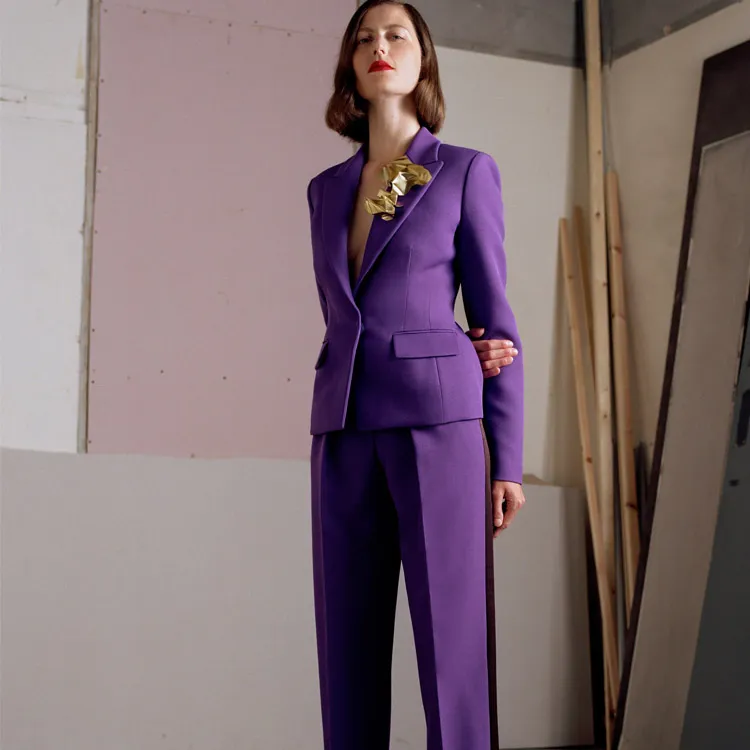 Purple Women's Pant Suits 2 Pieces Mother's Dress Slim Fit Ladies Office Evening Work Wear Tuxedos (Jacket+Pants)