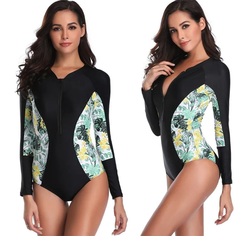 Женщины One Piece с длинным рукавом Rashguard Wetsuit Bohemian Тропический Цветочные Лоскутная Купальник Zip Front Surfing Beachwear