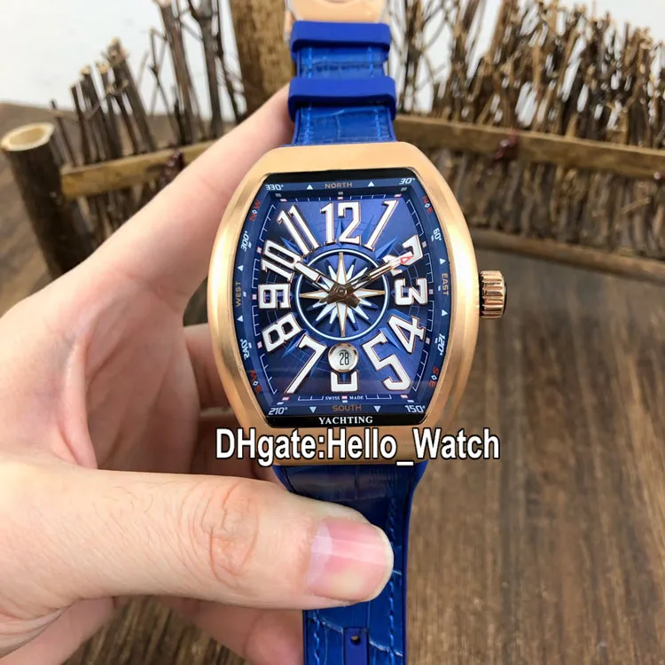 Nouveau Saratoge Yachting Boîtier en or rose V45 SC DT YACHTING 5N Cadran bleu Montre automatique pour homme Bracelet en cuir bleu Montres Hello_Watch 6 couleurs