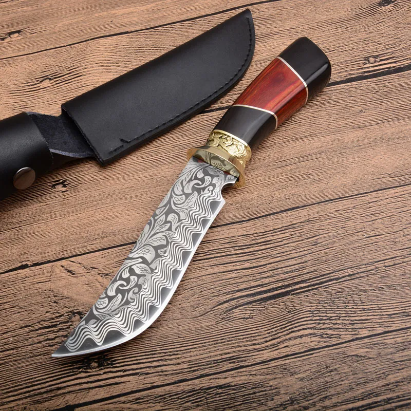 New Bowie Blade Survival Straight Hunting Knife 440C Steel Blade Wood Handle Fixed Blades Knives With Leather Sheath