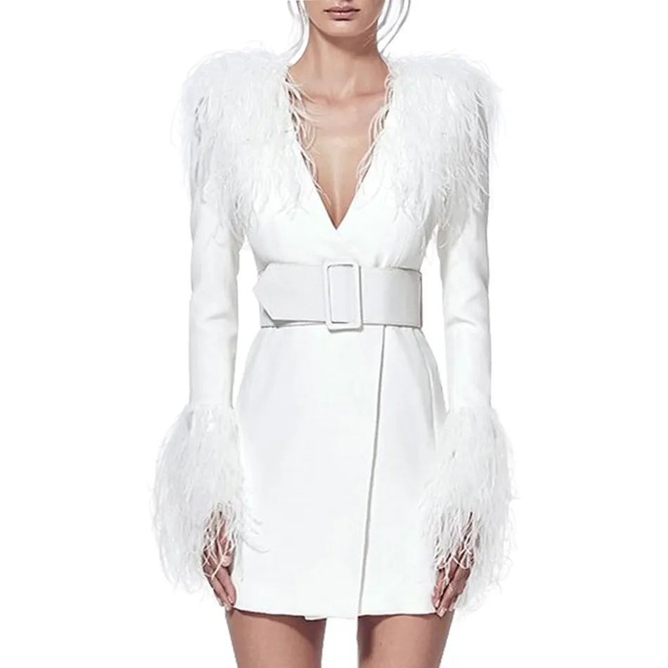 2020 femmes hiver chaud élégant blanc robe midi veste manches longues plumes v-col sexy célébrités soix soir robes vestidos