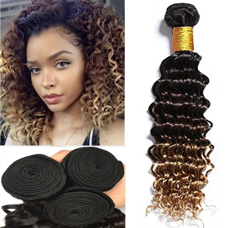 Djupvåg 1b / 4/27 Ombre Brasiliansk Virgin Hair 3/4 Bundles Black Brown Honey Blonde Tre Tone Ombre Hair For Black Women