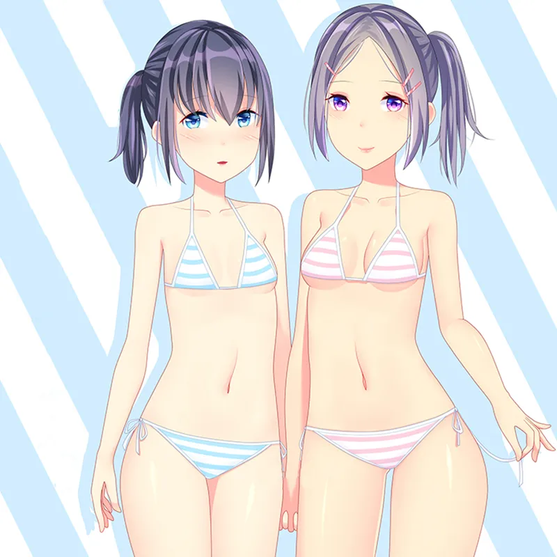 Japanese Lingerie Sexy Erotic Anime Cosplay Underwear Set Kawaii Mini  Bikini Blue Pink Striped Bra Set For Women275L