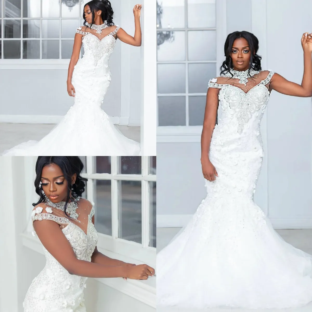 Robes de mariée sirène sud-africaines de taille plus sexy cristal col haut 3D fleur appliques robes de mariée perles balayage train robe de mariée