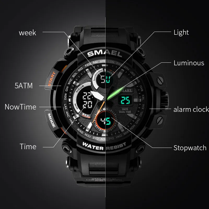 Smael Sport Watch voor mannen Nieuwe Dual Time Display mannelijke klok waterdichte schokbestendige polshorloge digitaal 1708