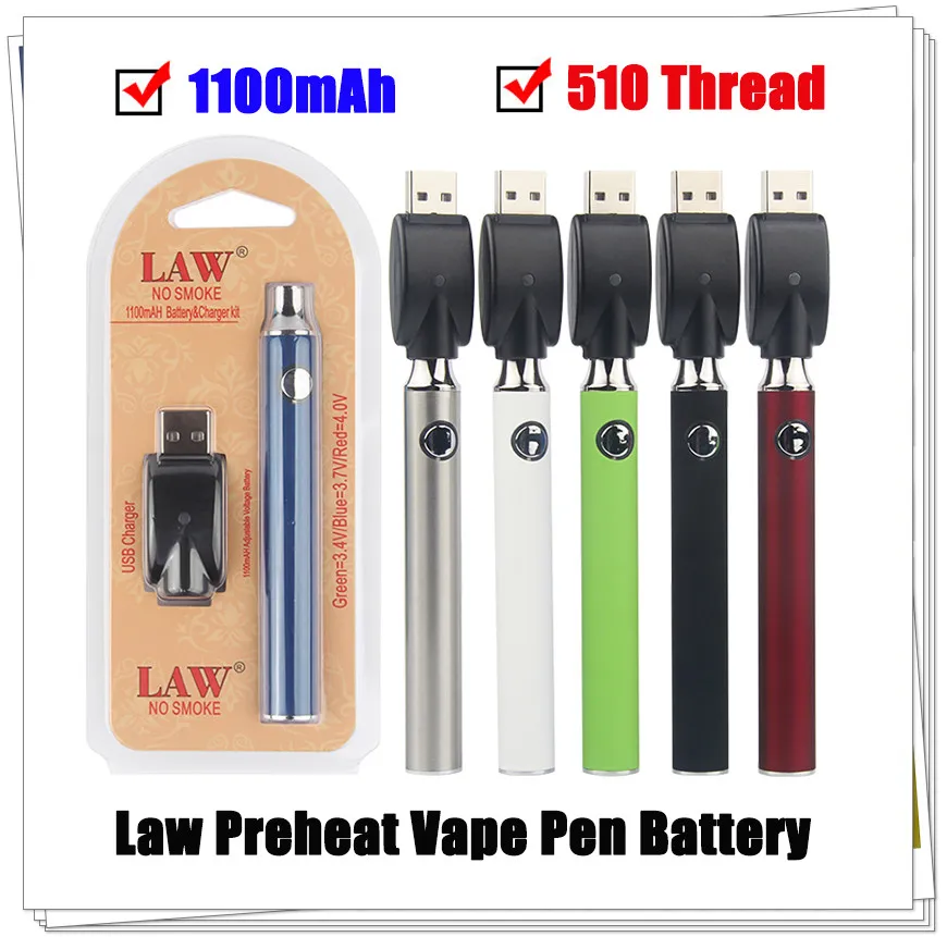 5pcs LAW Preheat VV Vape Pen 1100mah Battery With USB Charger Variable Voltage Preheat Battery 510 Thread Battery Starter Kits Blister Pack
