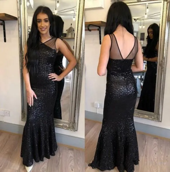 Zwart Lovertjes Mermaid Avondjurken Vloerlengte V-hals Open Back Avondjurk Formele Wear Speciale Gelegenheid Jurk Party Jurken Robe