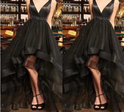 Sleeveless Tulle Hi-Lo Vestidos De Fiesta Sexy Evening Party Gowns Custom Made 2019 Black High Low Prom Dresses With Sashes V Neck