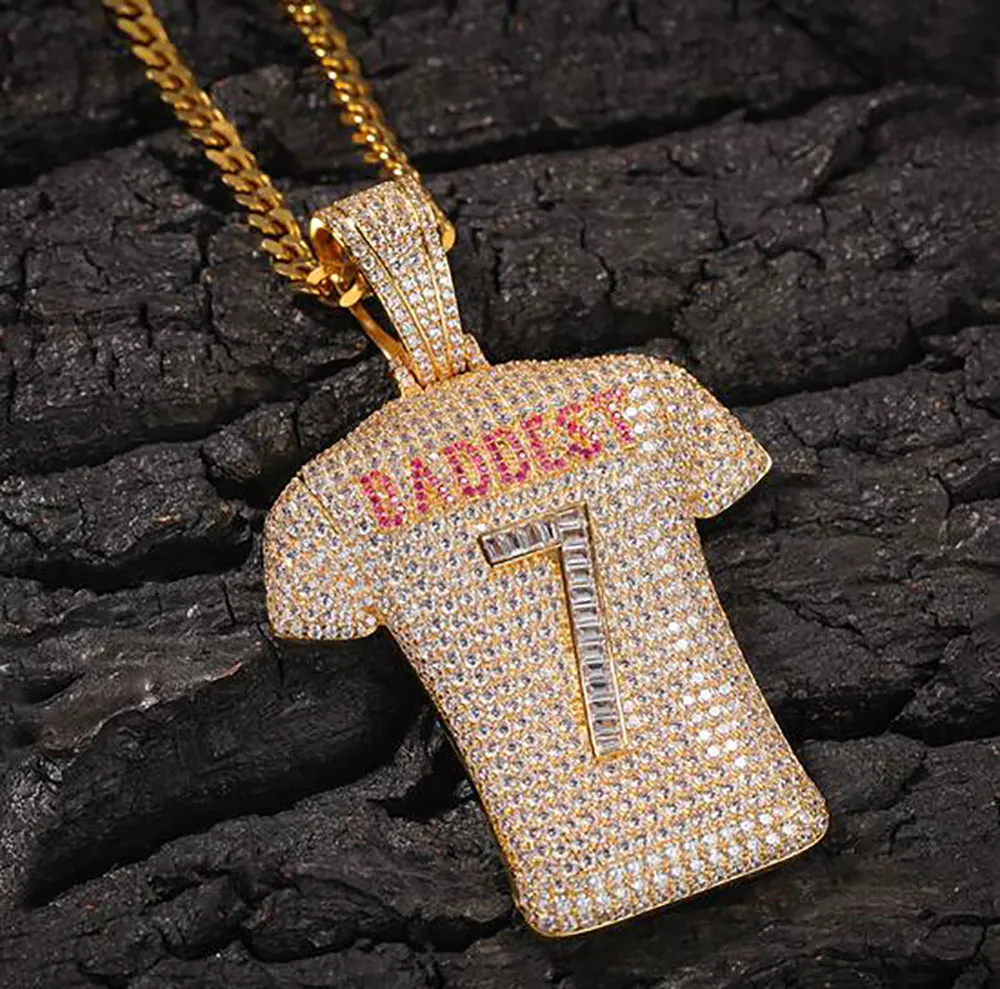 14K Gold Iced Out Jersey NO 7 Pendant Necklace Bling Micro Pave Cubic Zirconia Simulated Diamonds with 5mm 24inch cuban Chain