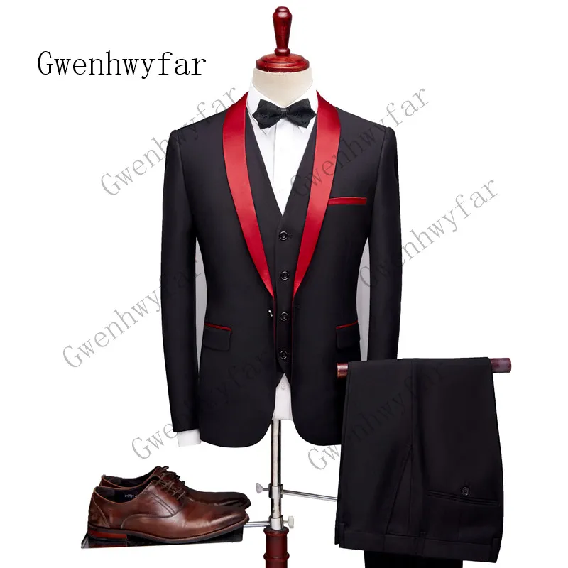 Gwenhwyfar Men Suit 2019 Wedding Suits For Men Shawl Collar 3 Pieces Slim Fit Burgundy Suit Mens Dark Grey Tuxedo Jacket324M